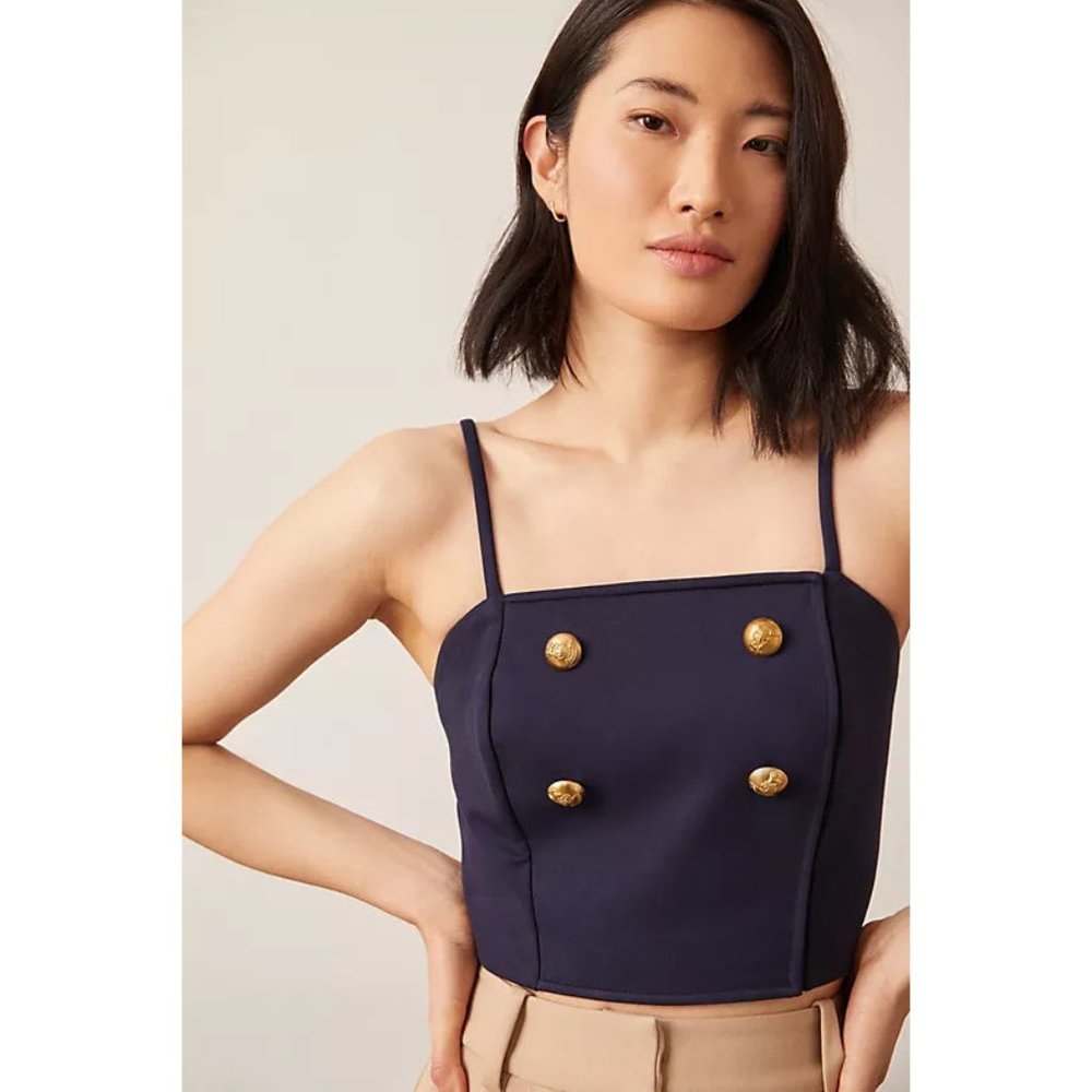 Anthropologie Eva Franco Ponte Trench Blouse Golden Buttons Navy